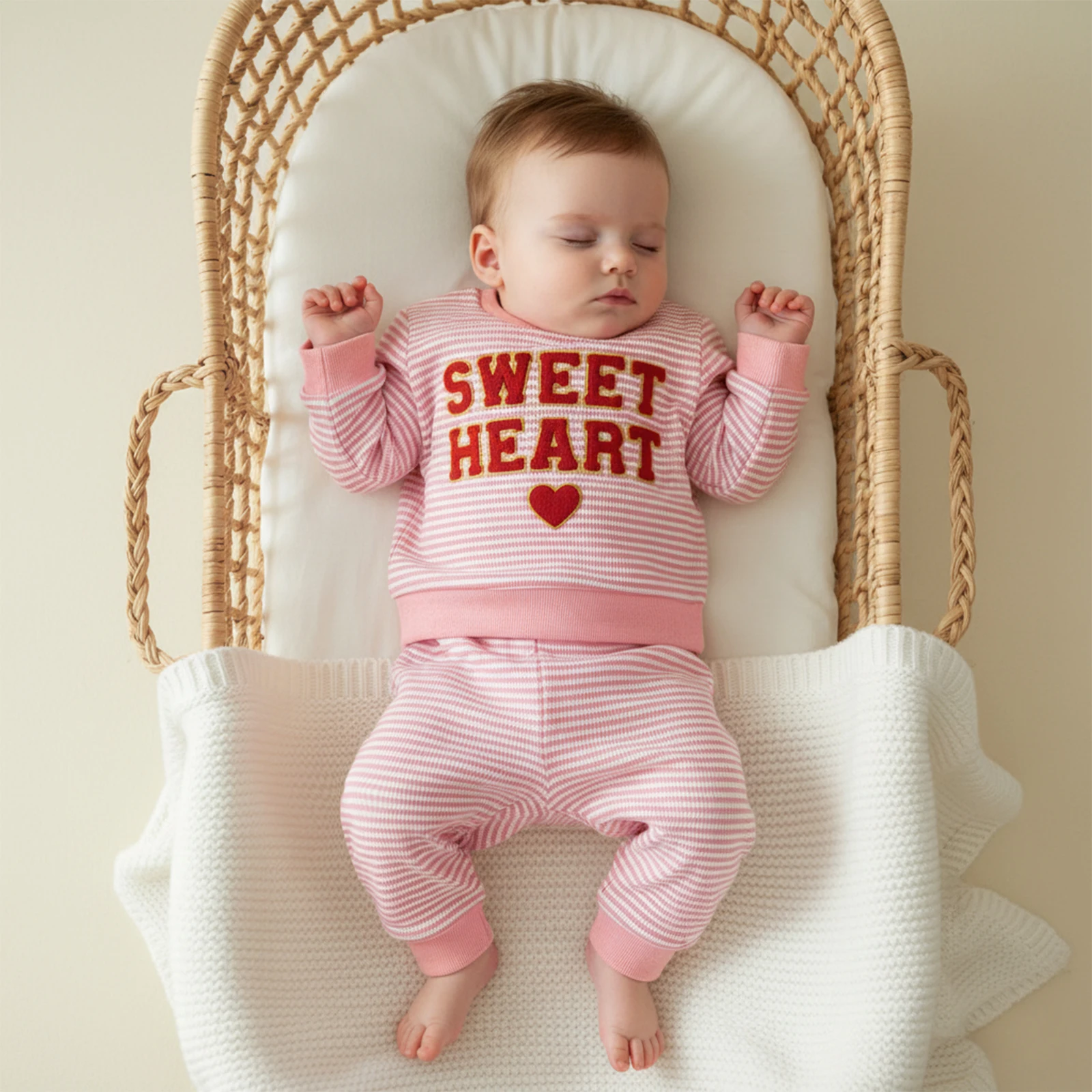 Infant Baby Girl Valentine’s Day 2Pcs Outfits Long Sleeve Stripes Fuzzy Letter Heart Sweatshirt + Pocket Pants Toddler Set