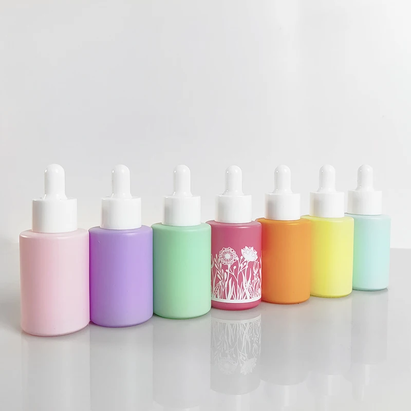 

Macaron flat shoulder 30ml pink blue green red yellow purple orange colored cylinder frosted glass serum glass dropper bottlles