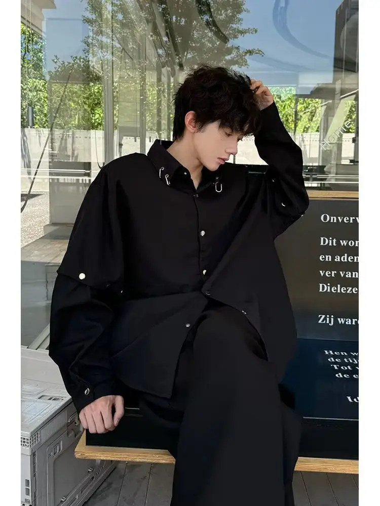 

Bla Long Sve irt for Men Summer Season Detachable Casual Loose Fit Youth Trend Button Closure Pure Color Faionable S...