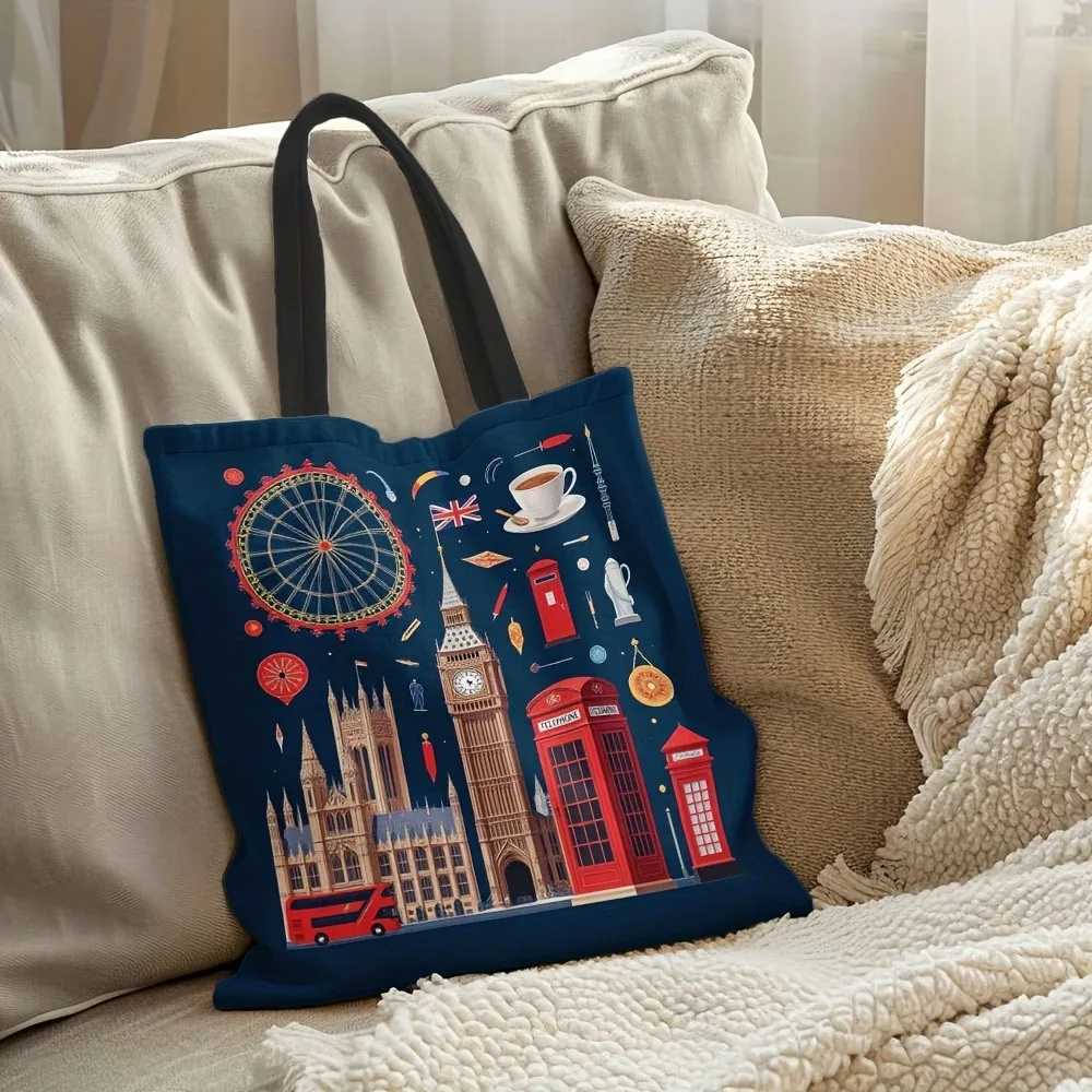 Wiederverwendbare Einkaufstasche für Damen, London-Themen-Design, Big Ben, rote Handyhüllen, Union Jack, Polyester, große Einkaufstasche – Detail 6