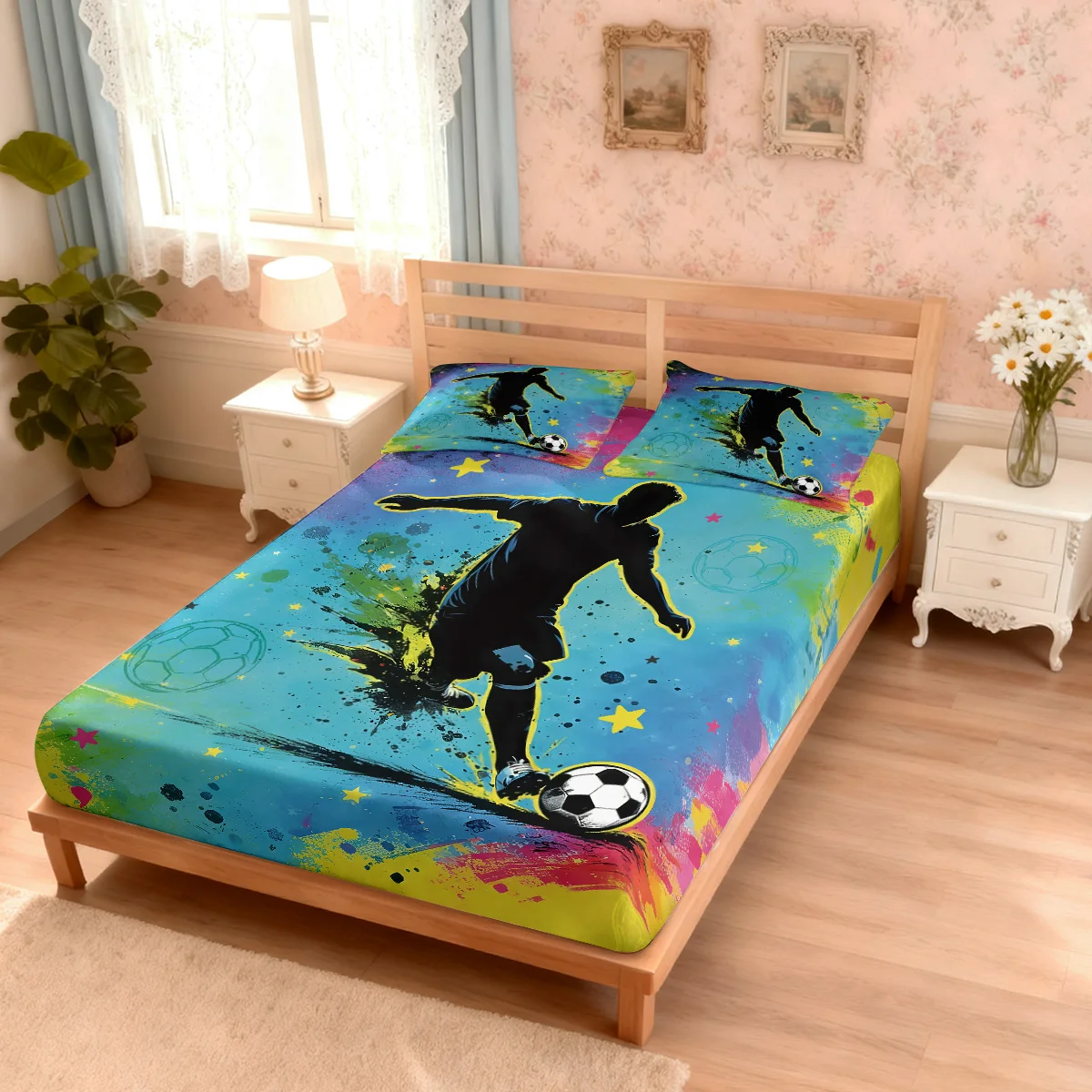 

3pcs Football Character Silhouette Printed Chipless Bed Sheet Set Multi Size Soft Bed Cover Bedroom Bedding Decoration
