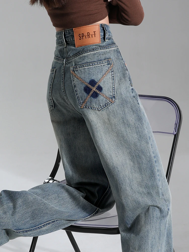 

2024 Vintage High Waist Loose Women's Jeans Autumn New Fashion Embroidery Straight Trousers Streetwear Female Casual Y2K Pants