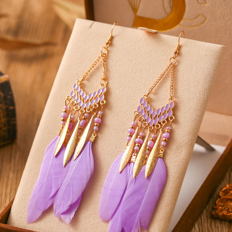 Boheemse Etnische Veren Bengelen Oorbellen Voor Vrouwen Trendy Lange Kwastjes Kleurrijke Kralen Drop Oorbellen Meisje Vrouwelijke Boho Sieraden