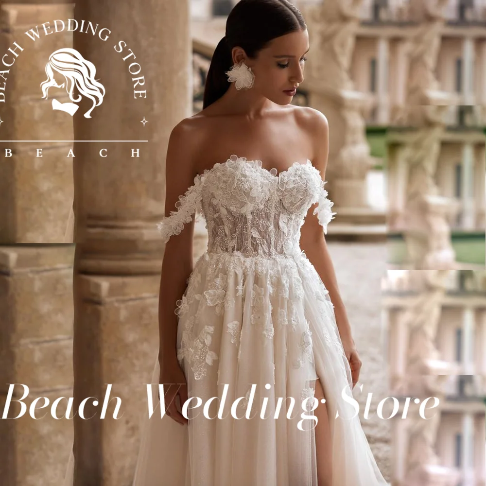 

Beach Sweetheart Off Shoulder Strapless Lace Embroidered Ball Gown Bridal Dress with High Slit 2025 Vestidos De Novia Customized