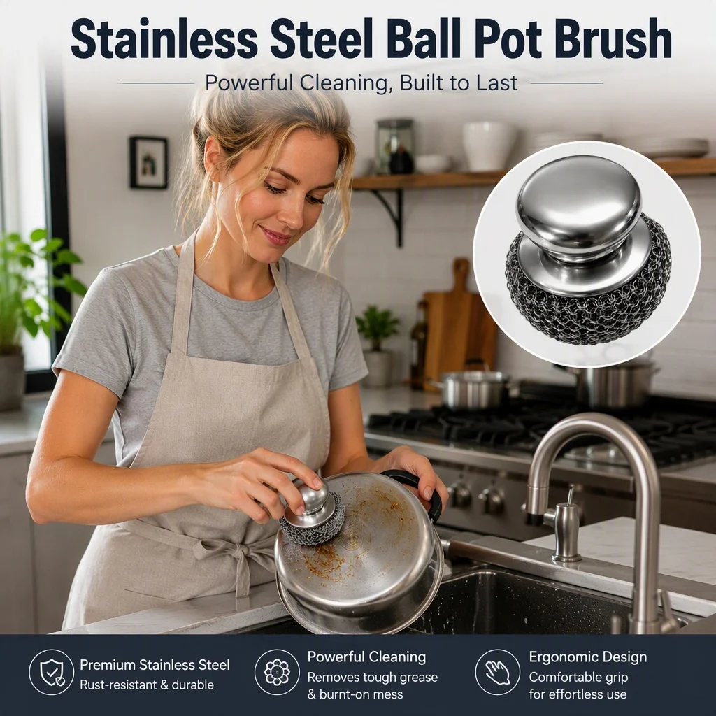 1PC Stainless Steel Pot Brush with Handle Heavy Duty Dishwashing Wire Ball Metal Scrubber for Home Kitchen Cleaning Tool