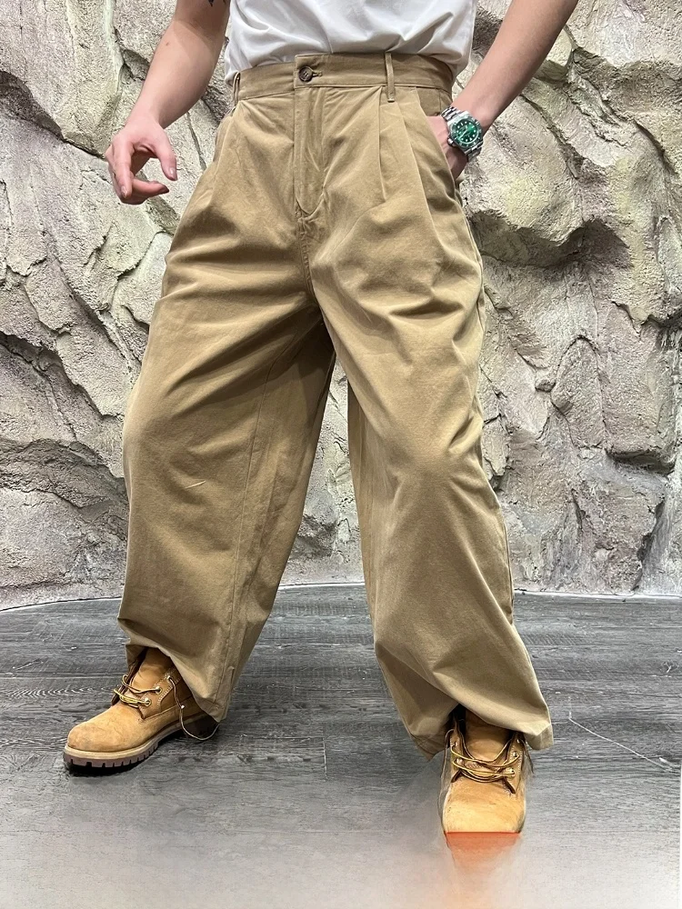 

Тяжелые американские брюки для папы, свободные хлопковые дышащие повседневные брюки, мужские новые осенние прямые брюки с завязками