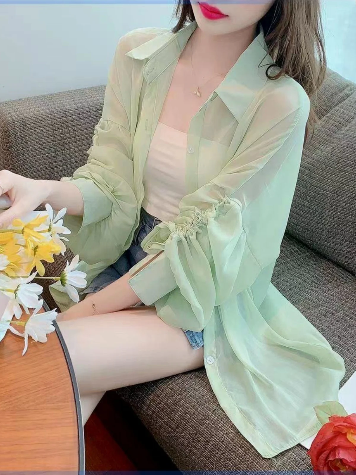 

Sun Protection awl Collar Long Sve Women's irt Summer 2024 New Design Sensation Thin Loose Faion Dstring Chiffon Top