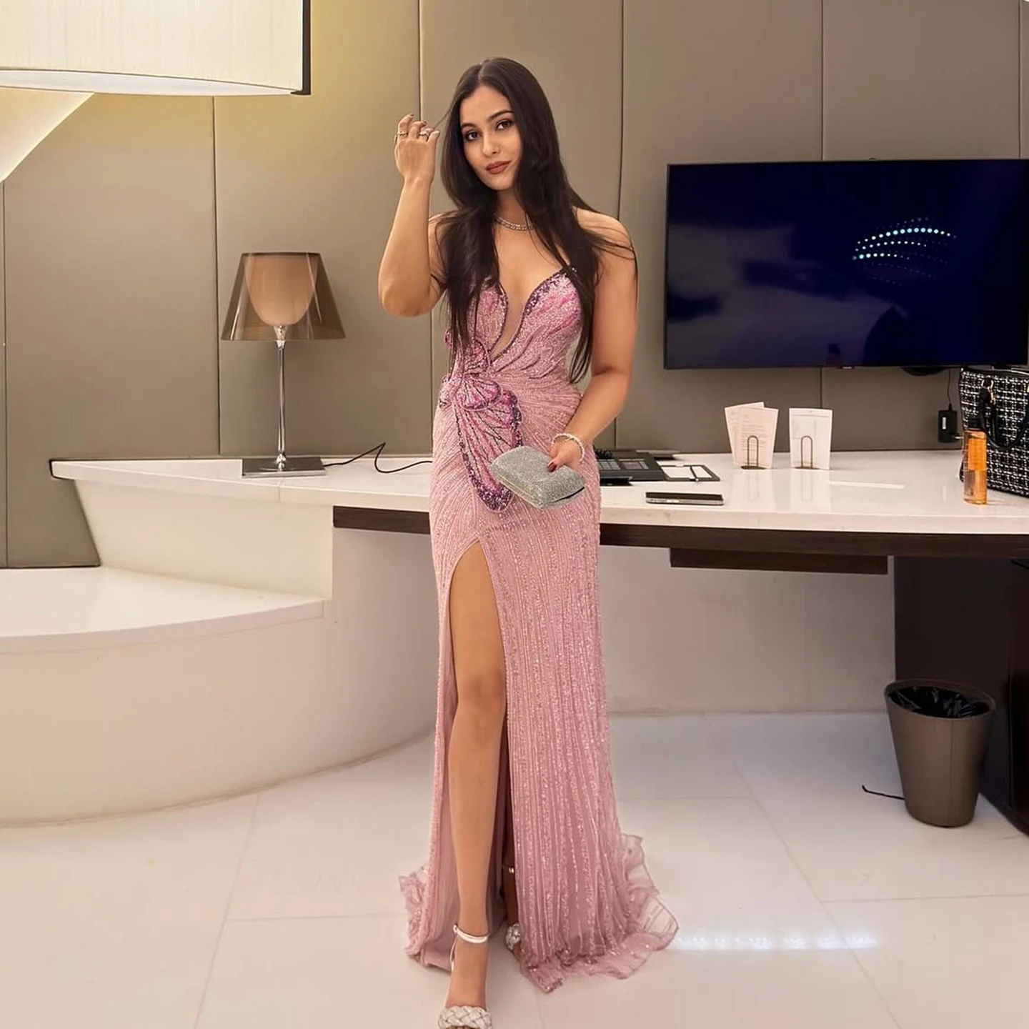 Sharon Said Elegant Sweetheart Pink Mermaid Evening Gown Luxury Beaded Dubai Prom Party Dress for Women Wedding SS267 Customized image 2