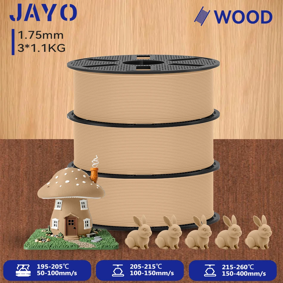 JAYO 3 Rollen Holz-PLA 3D-Filament 1,75mm 1,1KG/Rolle PLA Holztextur 3D-Drucker-Filament 10-15% Holzfaser 3D-Druckmaterialien