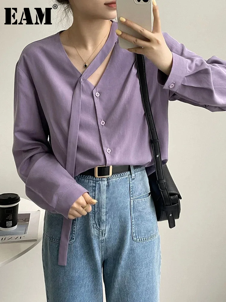 [EAM] Women Purple Big Size Chiffon Blouse New V-neck Ribbon Long Sleeve Loose Fit Shirt Fashion Tide Spring Autumn 2024 1DH4473