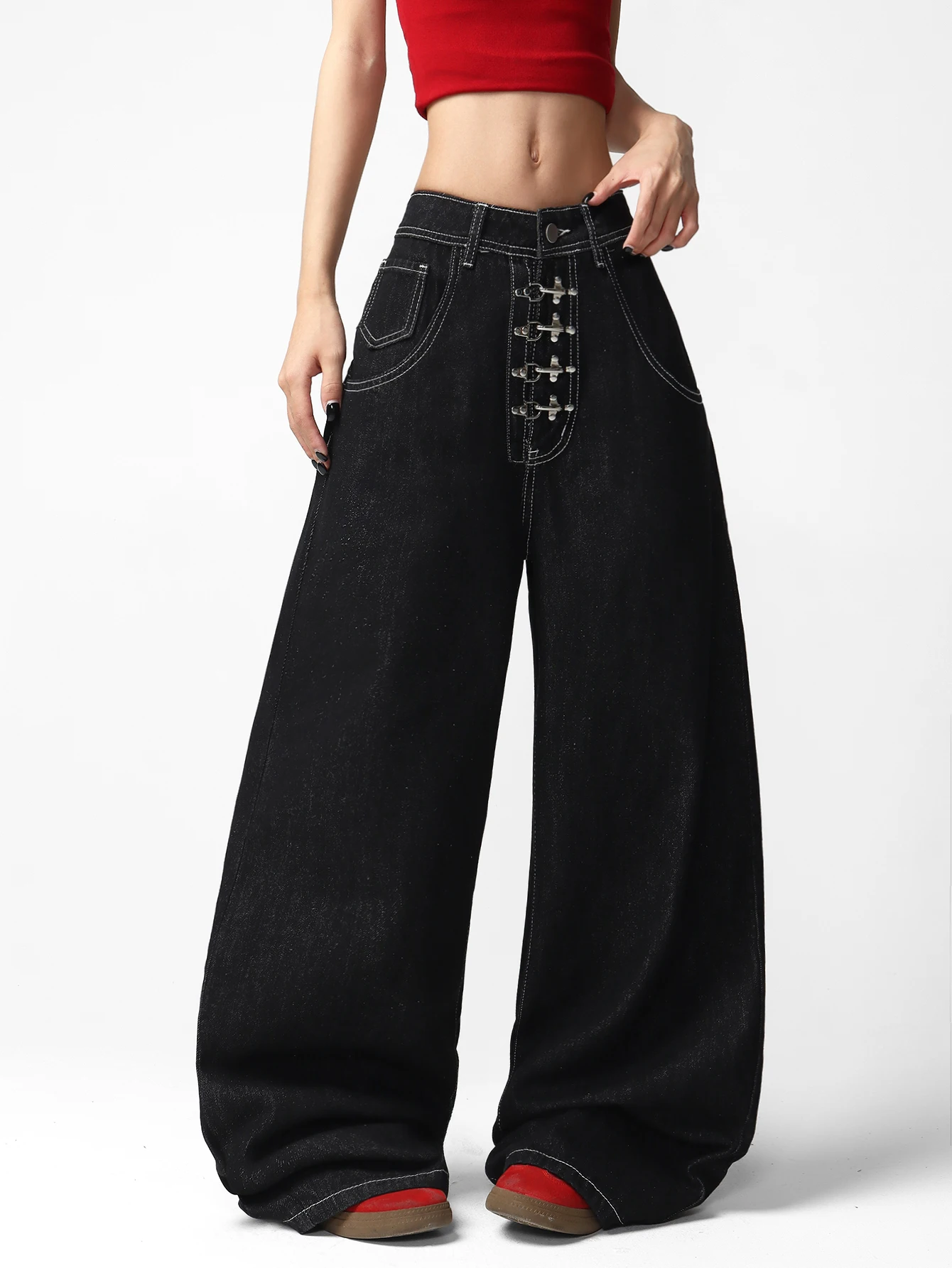 Women Wide Leg Jeans Street Trip Solid Plain Punk High Street High Waist Floor Length Black Raw With Multi Metal Front Buckles
