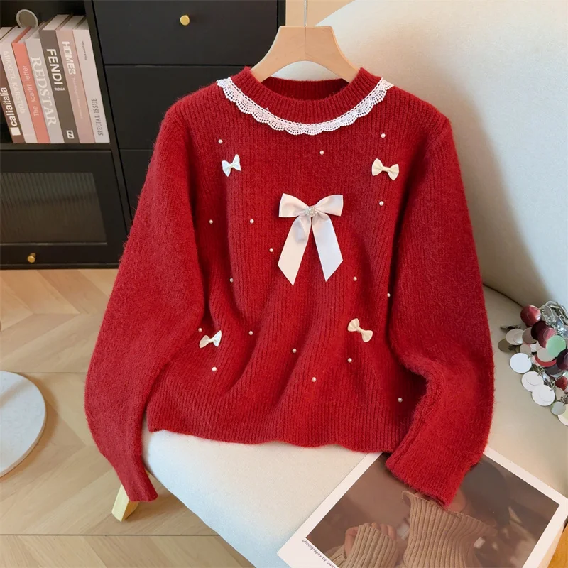 여성용 퍼플 O넥 풀오버 리본 스웨터 빈티지 점퍼 니트 긴 소매 캐시미어 스웨터 가을 겨울 2000년대 의류