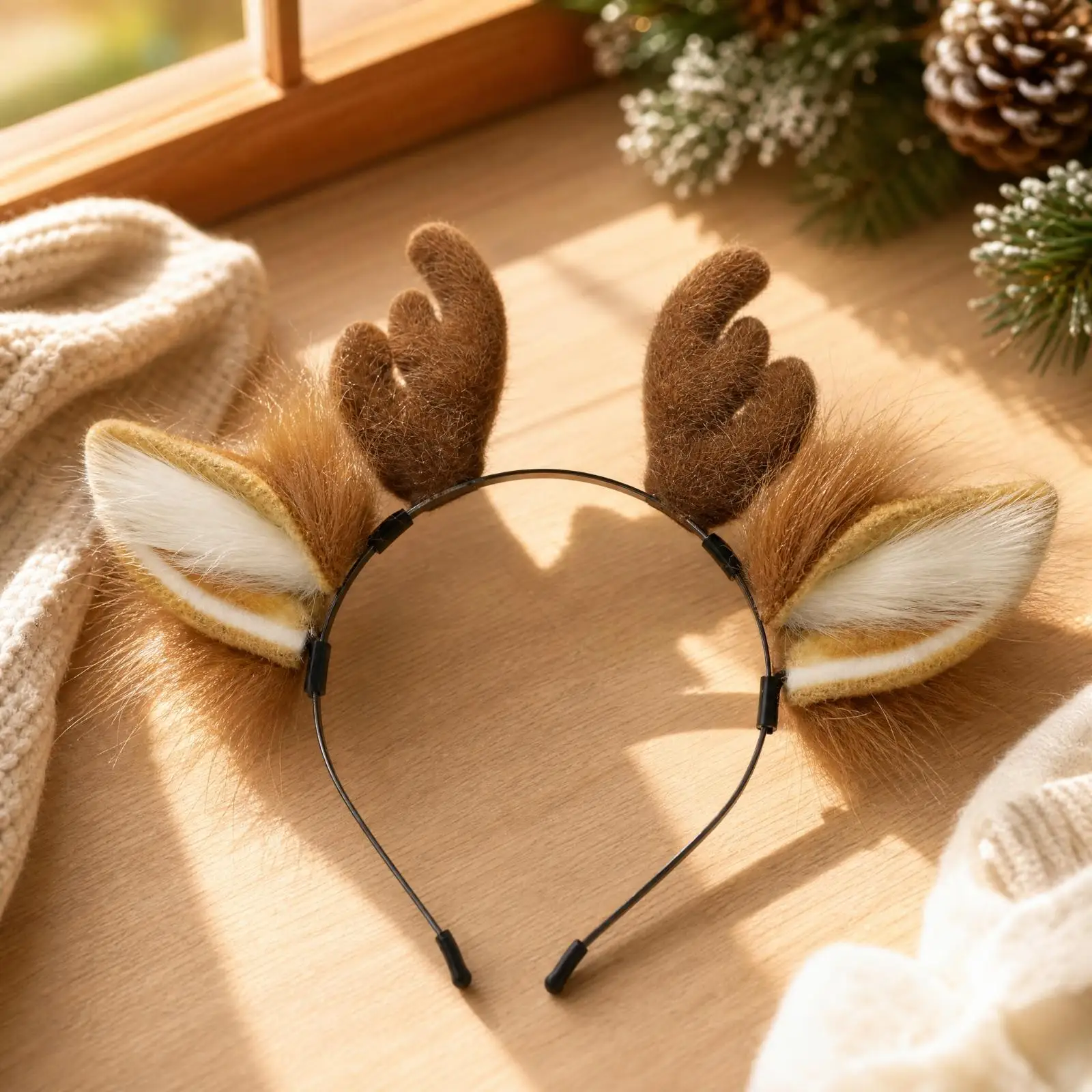 Antler Hair Hoop Plush Deer Headband for Women Girls Woodland Animal Costume Accessory with Furry Pointed Ears for Cosplay Party