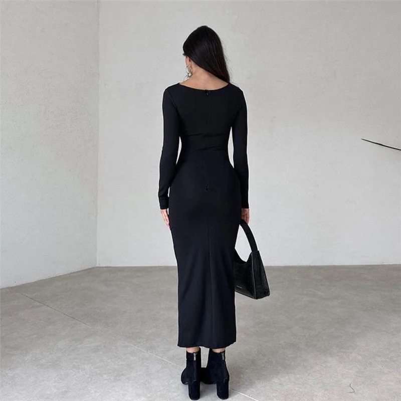 Casual Slim Full Sleeve Long Straight Dress Elegant O-Neck Ankle Length Dresses Women 2026 Spring Street Style Pleated Dress