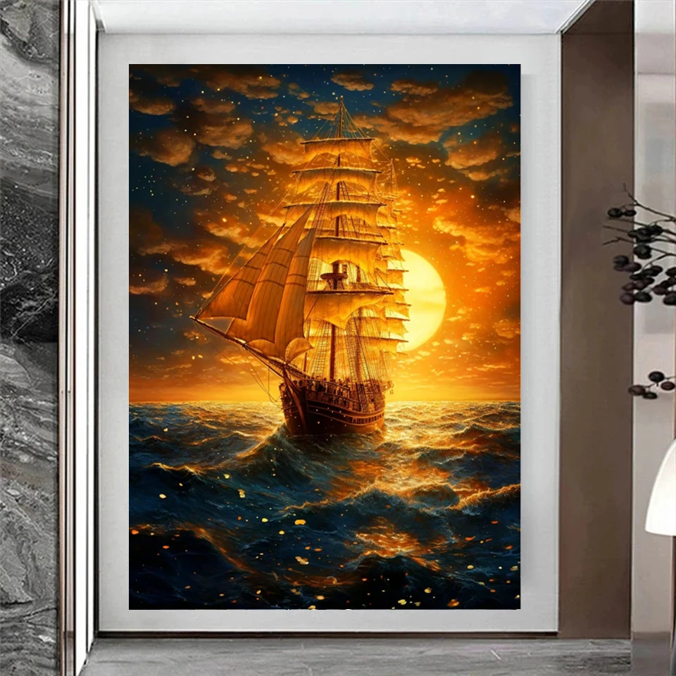 Landscape Ship Sailing Sea DIY Diamond Painting Gold Boat Cross Stitch 5D Full Diamond Embroidery Mosaic Home Decor Handmade Art