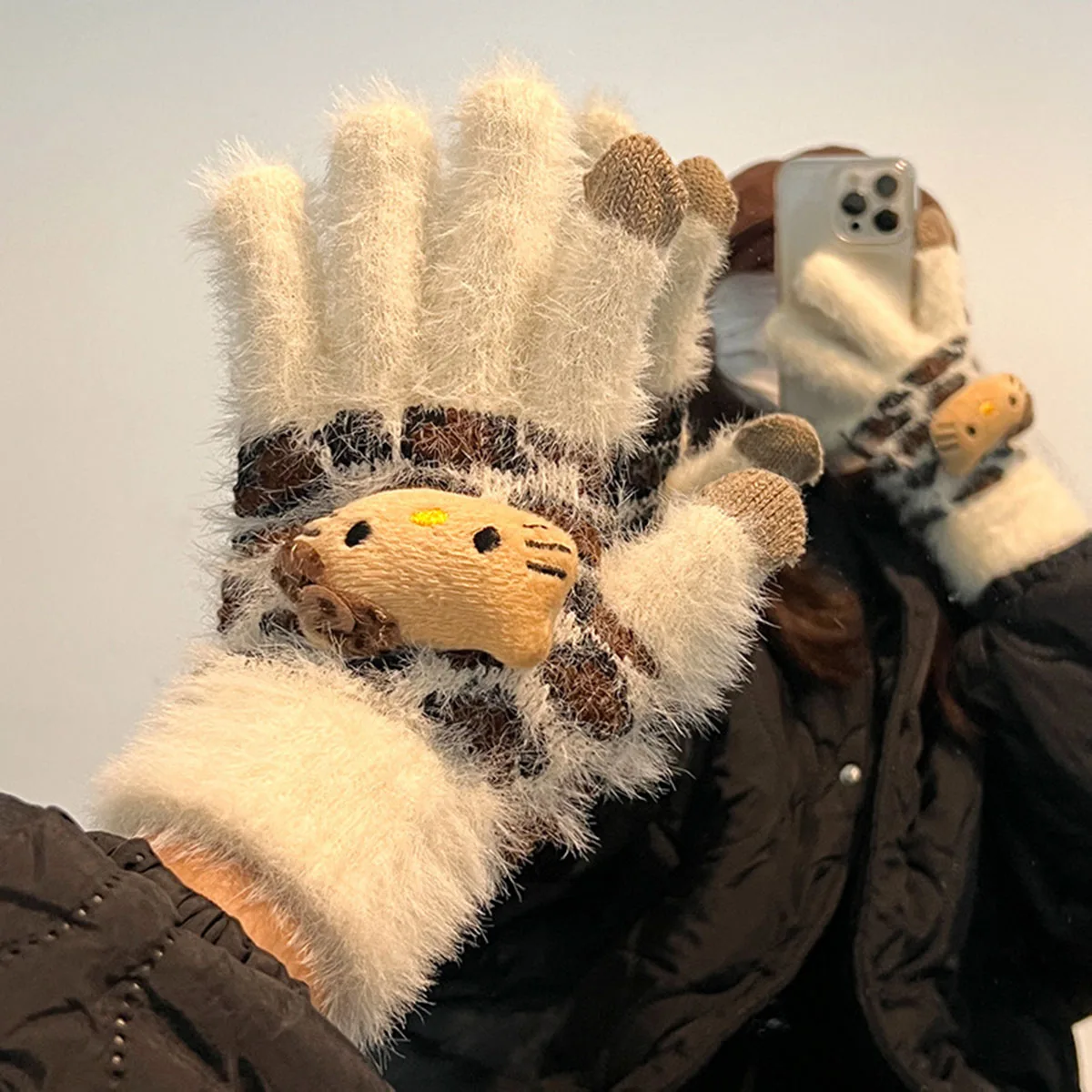 لطيف كيتي الكرتون محبوك أفخم خمسة أصابع قفازات HelloKitty لطيف الكرتون القطيفة قفازات هدية عيد الميلاد