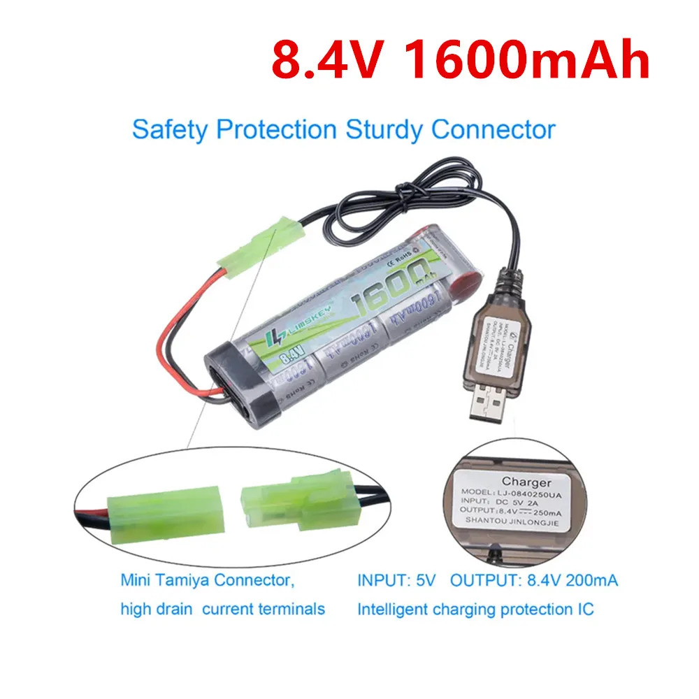 Airsoft Guns Battery 2/3A 8.4V 1600mAh Battery with Mini Tamiya connector And USB Charger For M249, M240B, M60, RPK, PKM, G36C
