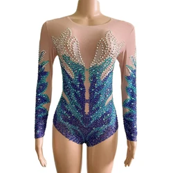 Women Stage Sparkly Rhinestones Mesh Bodysuit Birthday Wedding Dance Costume Show Nightclub Female Singer See Through Leotard