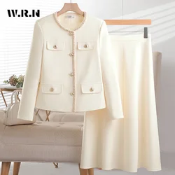 2024 Autumn Vintage Elegant Style 2 Piece Set Women Round Neck Coat + A-line Skirt Office Lady Luxury Two Piece Skirt Set