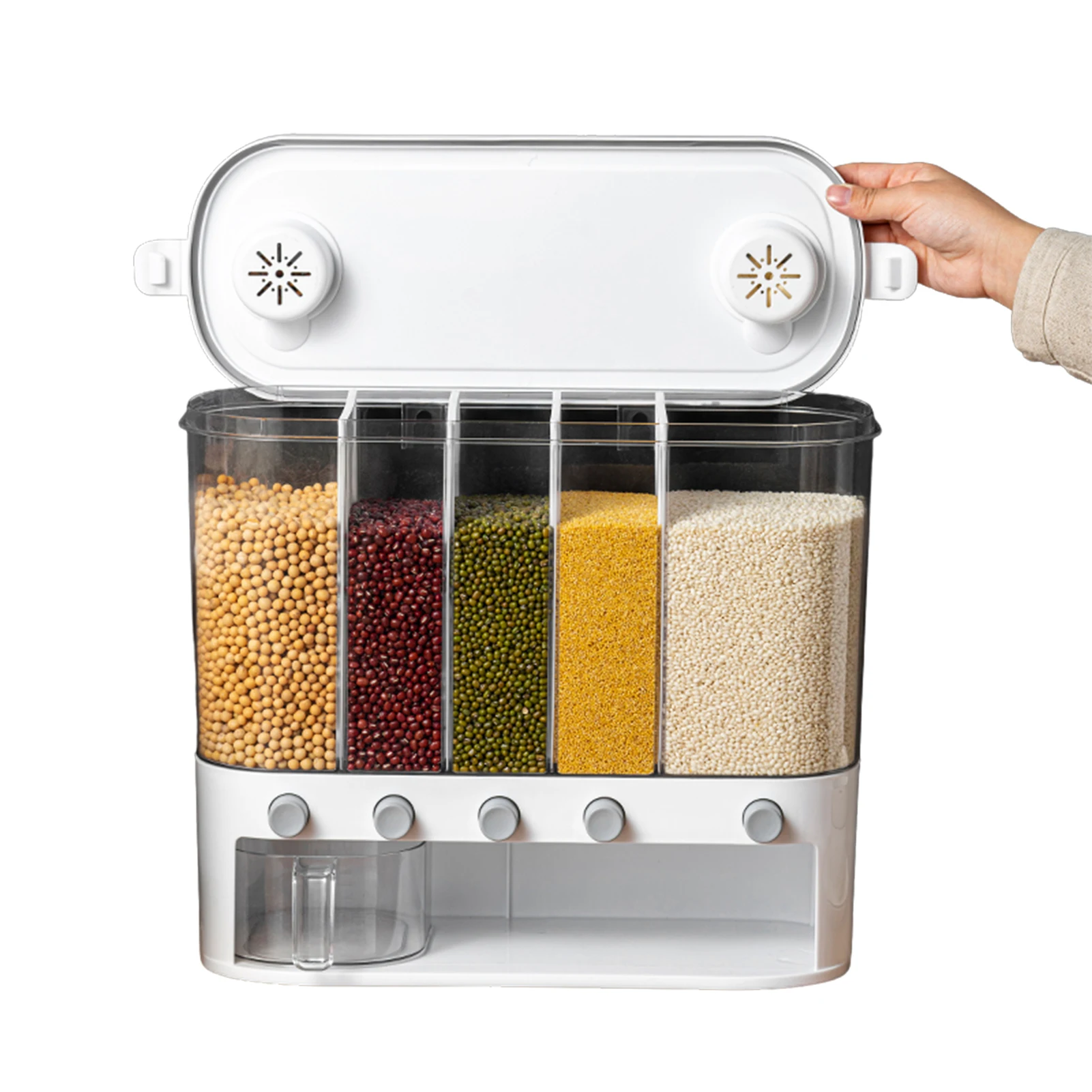 

Rice Dispenser 5-Grid Airtight Cereal Dispenser Countertop 12L Dry Food Storage Container For Soybean Grains Flour Wall-Mounted