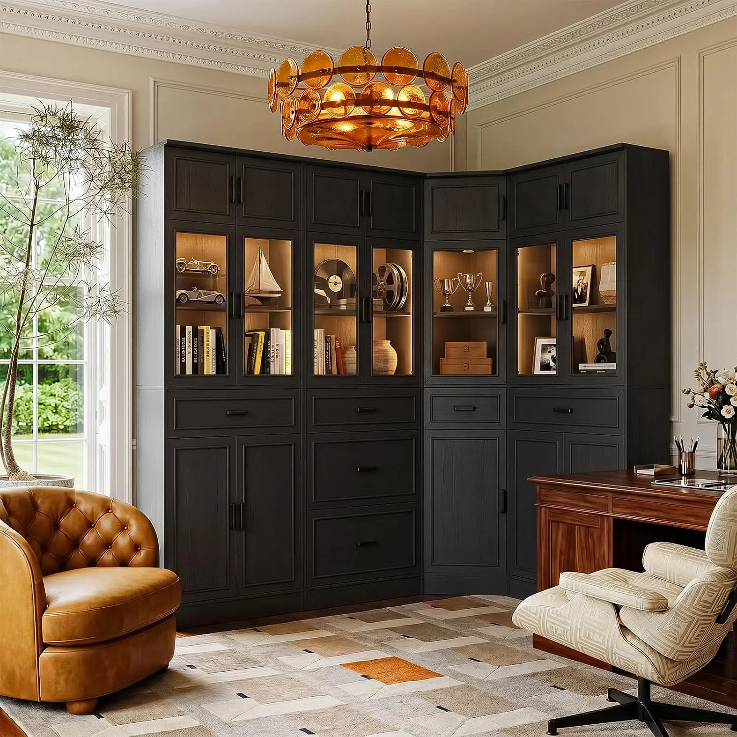 Corner Bookcase, 80" Tall Corner Bookshelf with Door and 6 Drawers