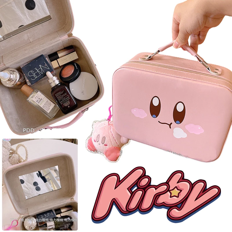 

Kirby Makeup Storage Bag with Mirror Leather Portable Women Cute Girls Travel Cosmetic Handbag Kawaii Large Capacity Tote Bag