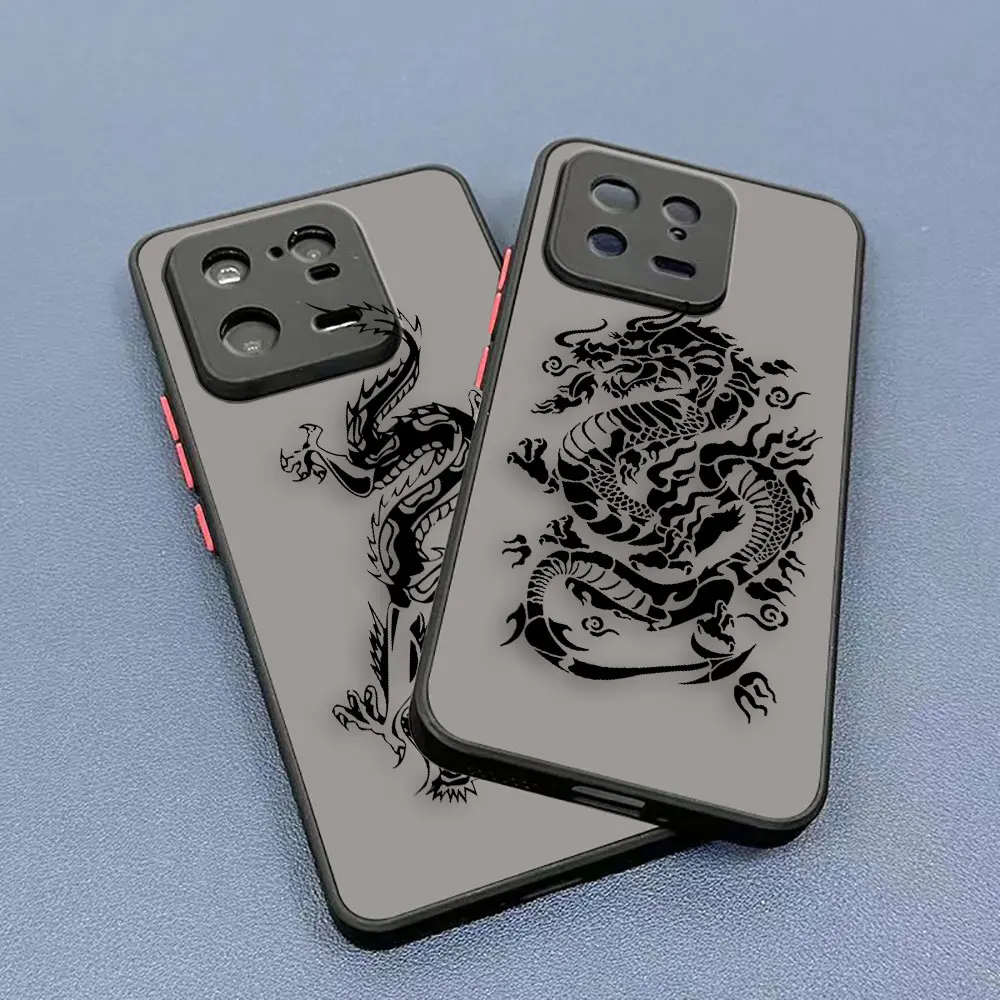 Matte Phone Case for Xiaomi 13 12 12S 12T 11 11T 10 10T 10S 9 8 6X 5X PRO LITE 5G Ultra Case Funda Line Drawing Chinese Dragon