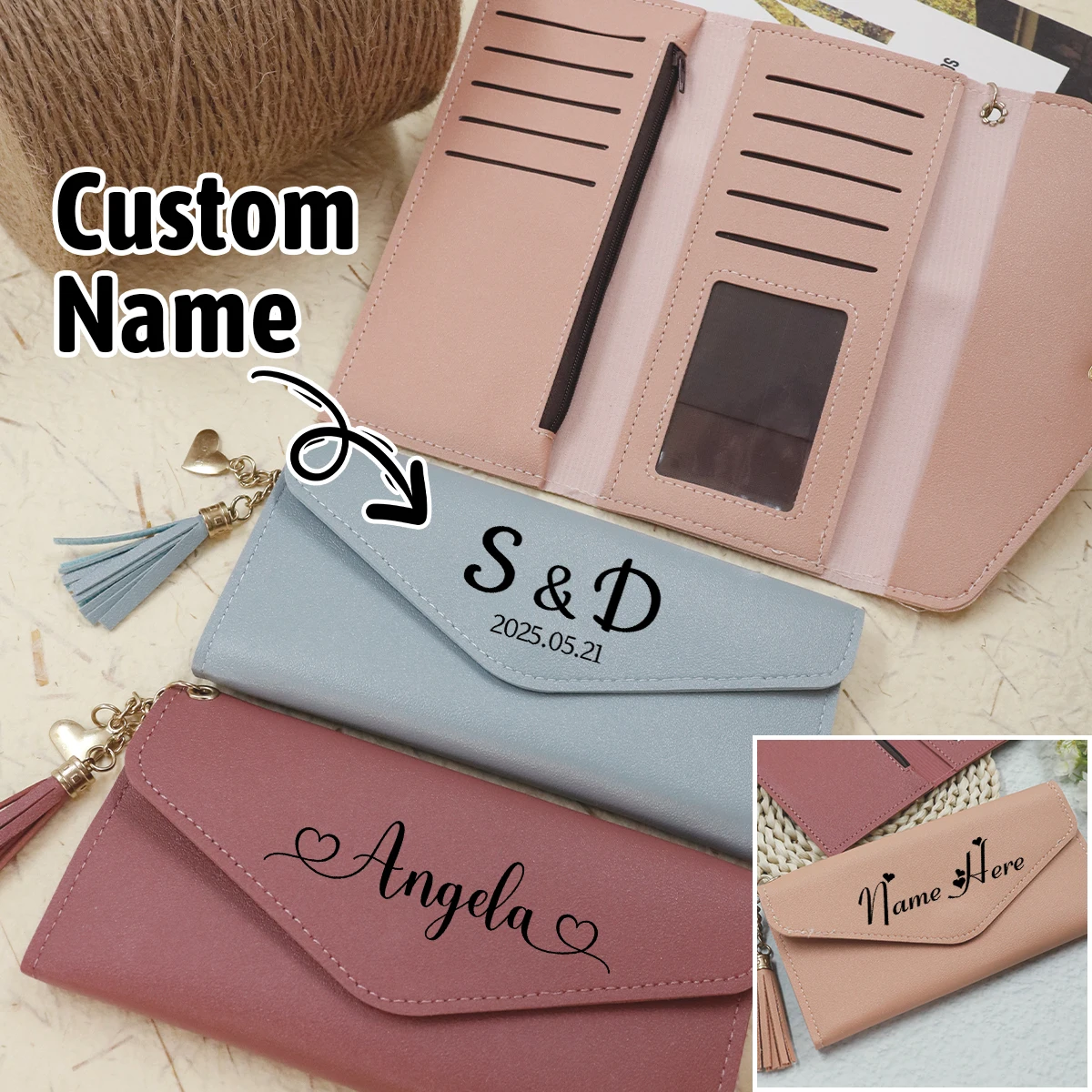 Personalisierte Geldbörse mit Namen, personalisierte Damen-Geldbörse, individuelle Kartenhalter-Geldbörse, anpassbare lange Geldbörse, Geburtstagsgeschenke, Reisen