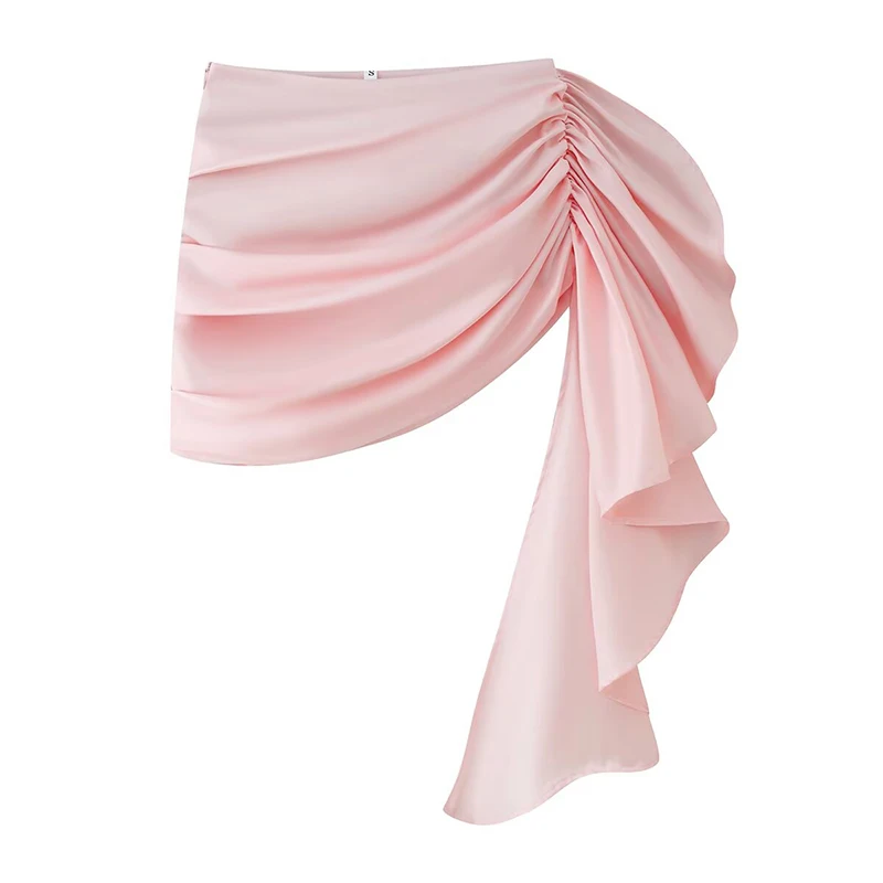 YENKYE Women Pink Satin Ruched Side Draped Ruffle Asymmetrical Mini Skirt High Waist Elegant Sexy  Party Skirts