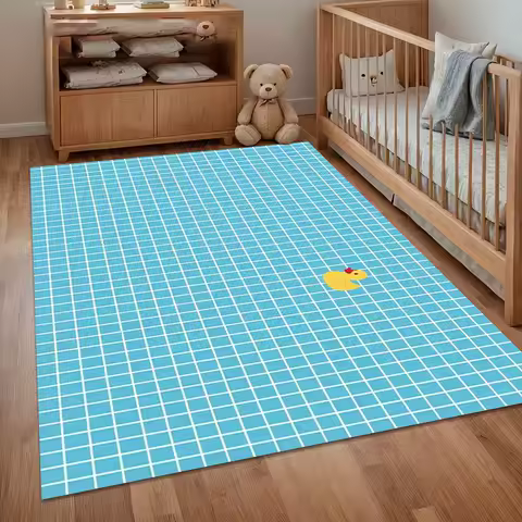 Cute Yellow Duck Blue Grid Area Rug Non Slip Soft Floor Carpet for Kids Room Nursery Bedroom Living Room Playroom Decor