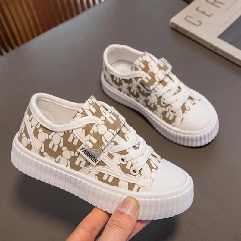 Girls Little Bear Canvas Shoes Fashion Kids Casual Shoes Breathable Soft Sole Child Sneakers Toddler Boys Non-slip Board Shoes