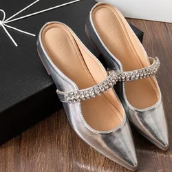 Baotou Half Drag Female Summer New Wear Outside Pointed Head Rhinestone Inside Increase Sandals