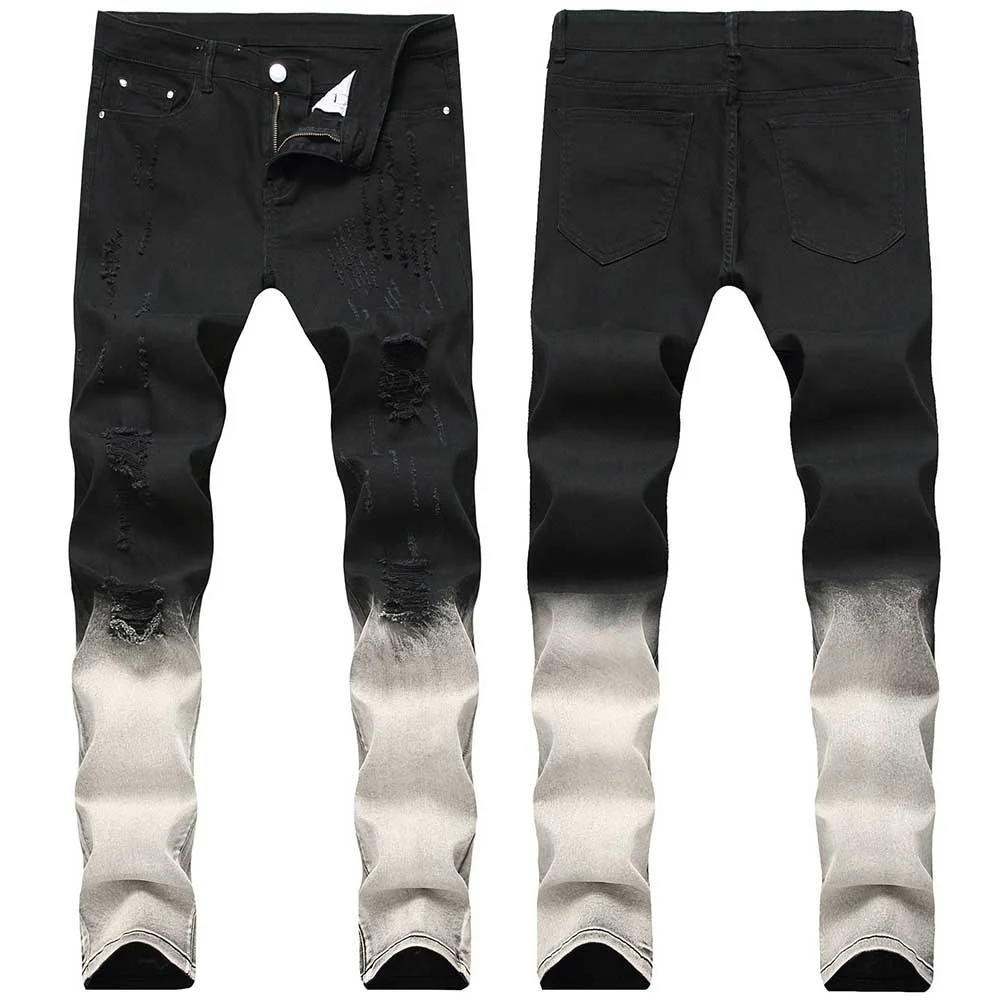 

New Trendy Casual Slim Jeans Men Denim Pants Straight Regular Patchwork Distressed Premium Trousers Ripped Clothes