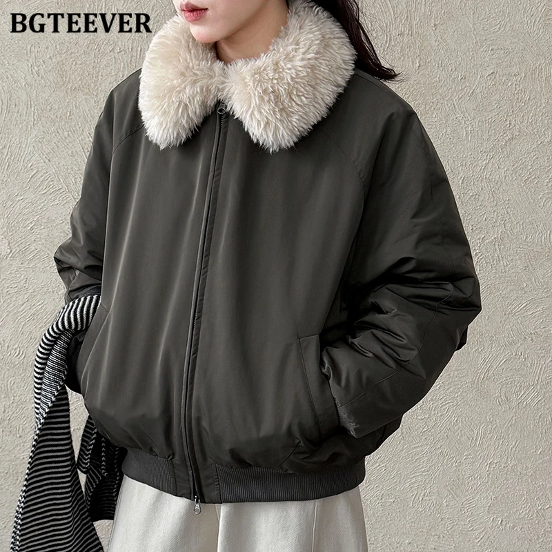 BGTEEVER Eleganckie Jesienno-Zimowe Kurtki Damskie z Luźnymi Kieszeniami, Zapinane na Zamek, Codzienne Kurtki z Długim Rękawem, Kołnierzem, Grube i Ciepłe Płaszcze Damskie