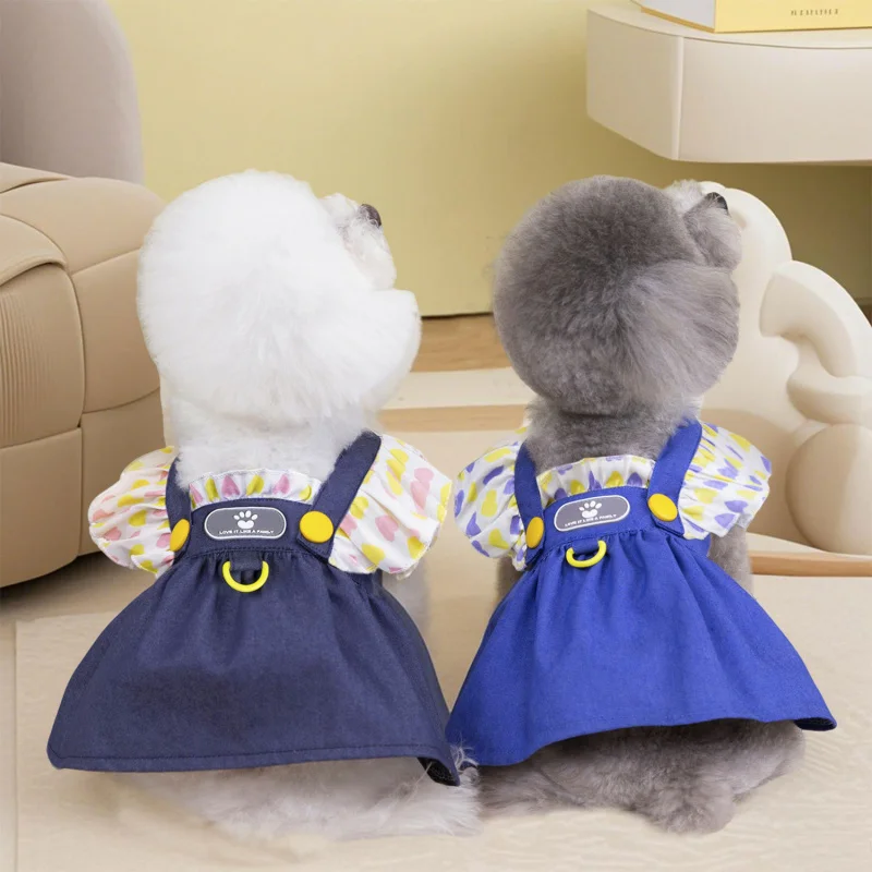 Pet clothing for dogs, cats, and puppies. Lightweight summer and spring dresses, including 25-petal ruffled denim skirts.