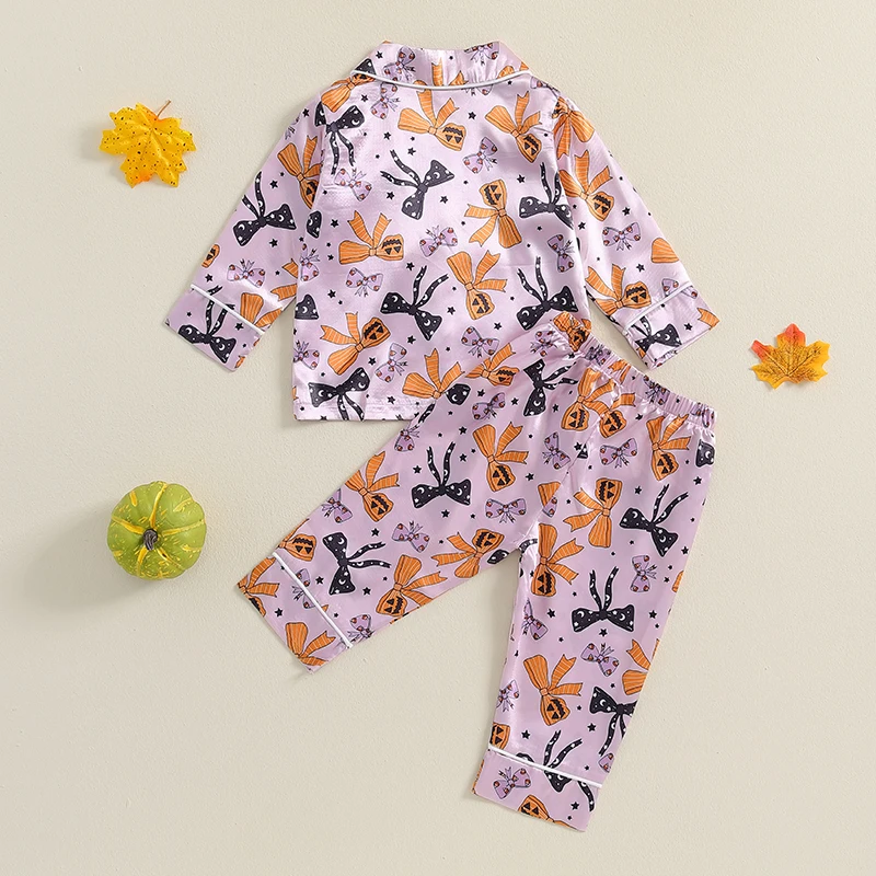 2024-06-13 Lioraitiin Little Girls Halloween Pajama Set, Bow Print Long Sleeve Button Down Tops Elastic Waist Pants Set for Fall