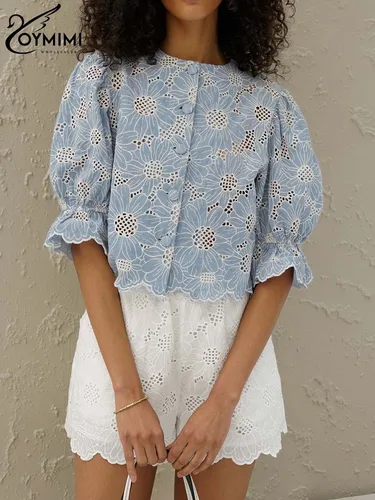 Oymimi, camisa con estampado azul a la moda para mujer, camisas elegantes con cuello redondo y media manga calada, camisas de algodón con una botonadura para verano y otoño