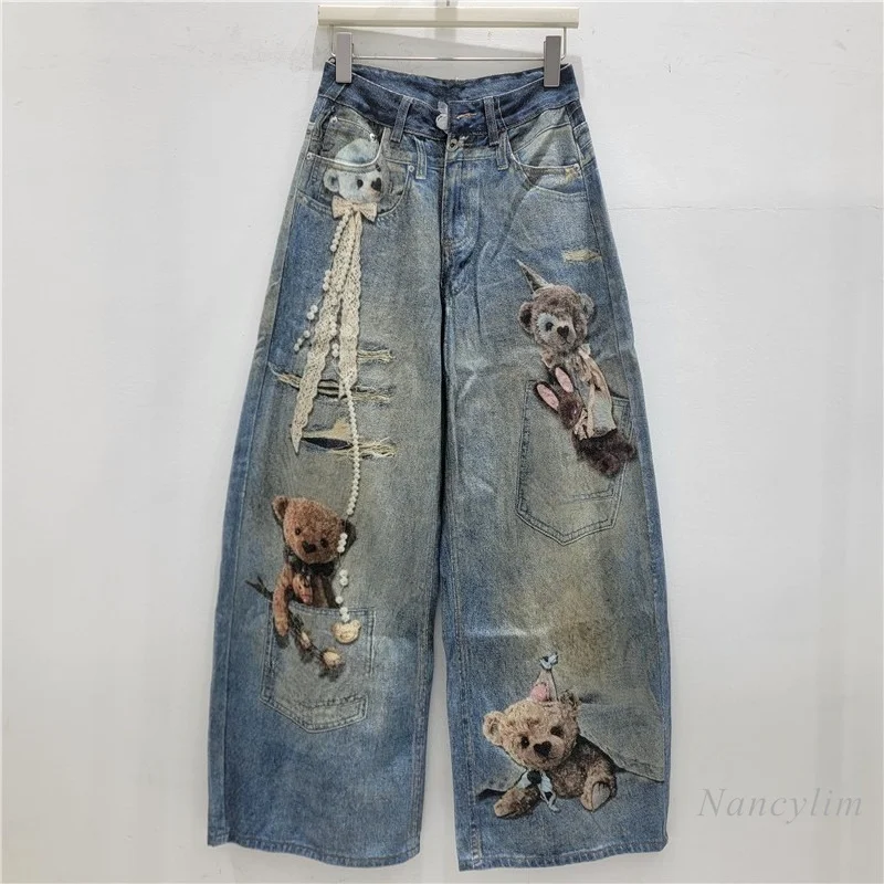 

American Retro Cartoon Print Straight-leg Jeans for Women, 2026 Summer New Arrival, High-waisted, Slimming, Wide-leg Pants