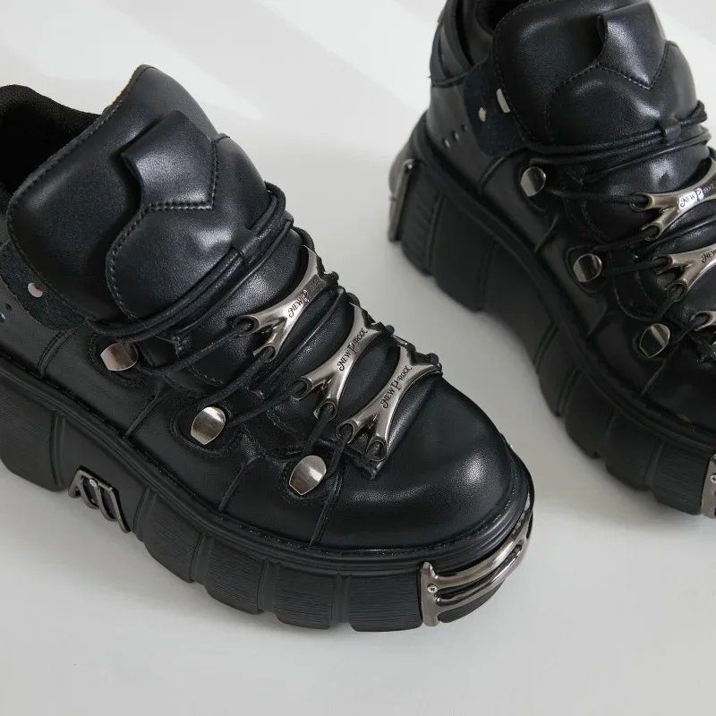Spring and Autumn New Women's Shoes Heavy Metal Thick Soles Increase High and Low Punk Small Leather Shoes Black Motorcycle Boot