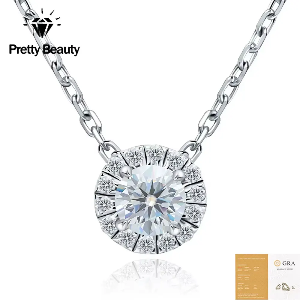 Pretty Beauty 1CT Moissanit Halo-Anhänger-Halskette für Damen, 925er Sterlingsilber, hypoallergener Schmuck, Jubiläum, Hochzeitsgeschenk