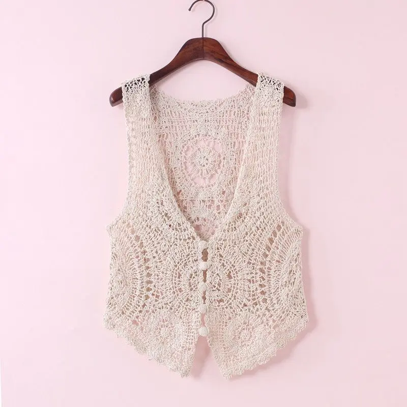 Women All-matching Sleeveless Hollow Out Tank Top Solid Color Knitted Waistcoat Crochet Cardigan Sweater Vest Women Outwear L61