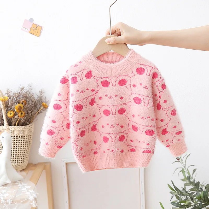 Autumn Winter Baby Girl Sweater Cotton Rabbit All Printing Kid Girl Knitwear Pullovers Thick Warm Fleece Toddler Girl Undershirt