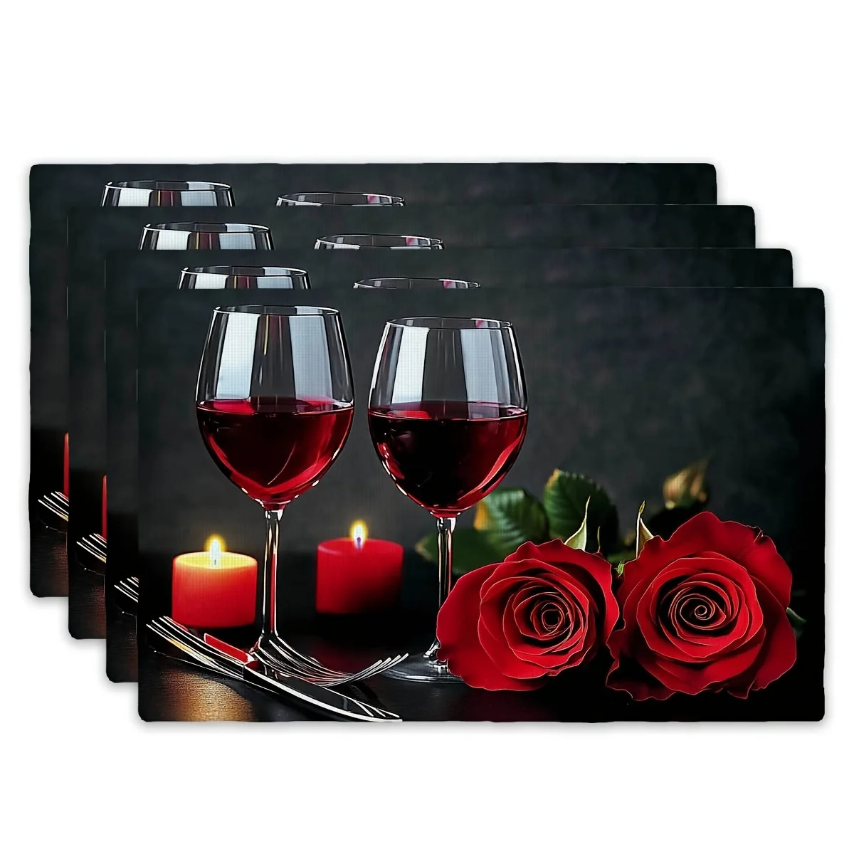 Romantic Red Wine Glass Rose Candle Print Rectangular Placemats Valentine Dinner Theme Dining Table Decor Table Mats 4/6/8PCS