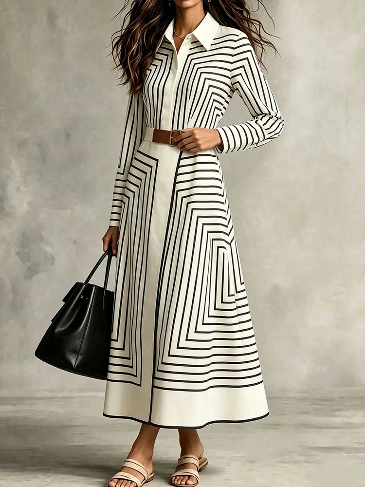 Long Sleeve Party Dress Buttons Simple Printing Fashion Ladies Dress Autumn Women's Elegant Turn Down Collar Maxi Dress Vestido - view 2