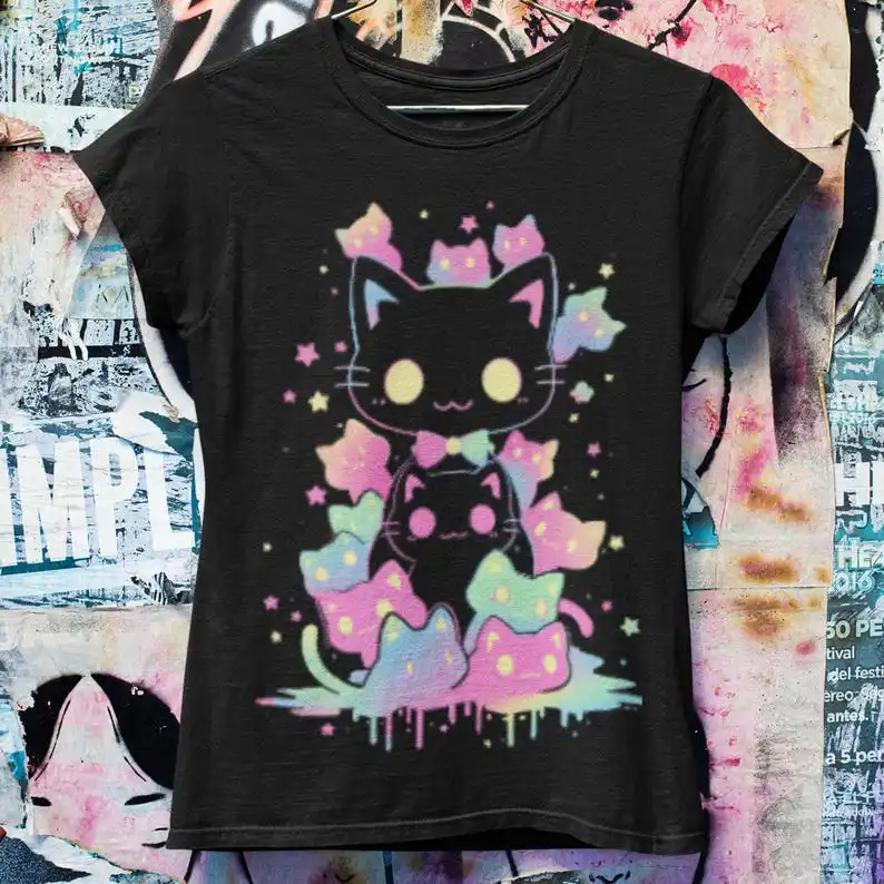 Street Fashion Style Y2K Anime Ice Cream Girl Print Cyberpunk Style Versatile and Personalized Cotton Short-sleeve Shirt
