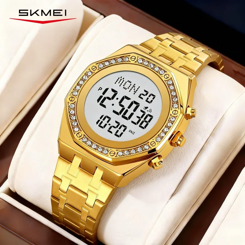 

SKMEI stylish men's watch with diamonds, trendy steel strap, multifunctional waterproof luminous digital watch