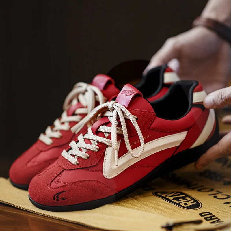 

Maden Vintage Patchwork Red Racing Sneakers Unisex Summer Breathable German Trainers Shoes Thin Sole Casual Lace-Up Sporty Shoes