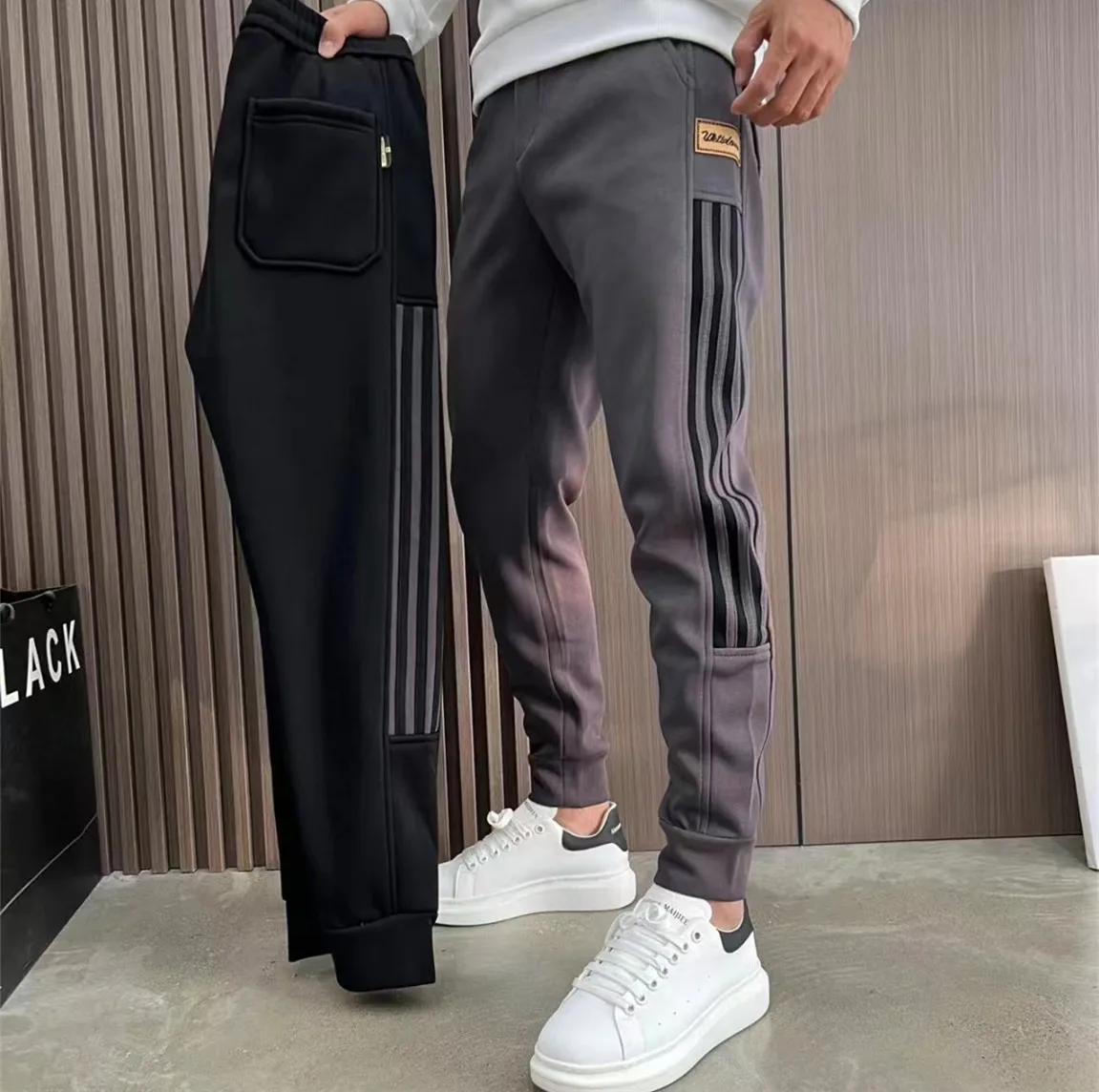 

Men's Brued Cotton Fce Lined Spor Slim Fit Casual Pants mid Waist Trousers Autumn Winter Faion Trend Tee Bars Elastic