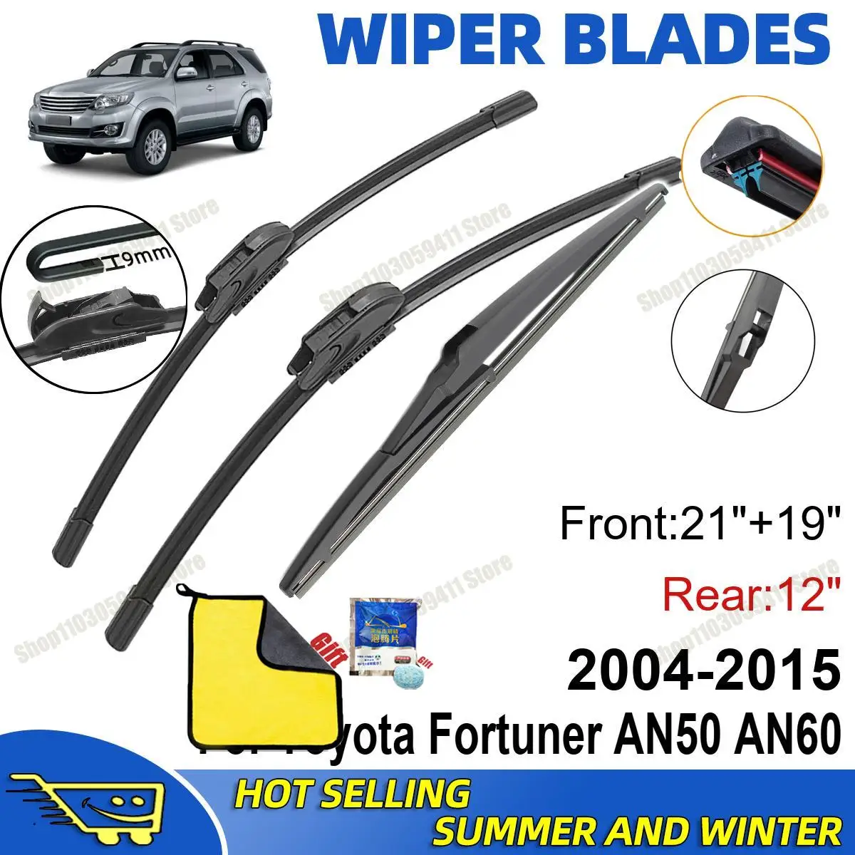 

3PCS For Toyota Fortuner AN50 AN60 2004-2015 21" + 19"+ 12" Front Rear Wiper Blades Set Windshield Windscreen Car Accessories