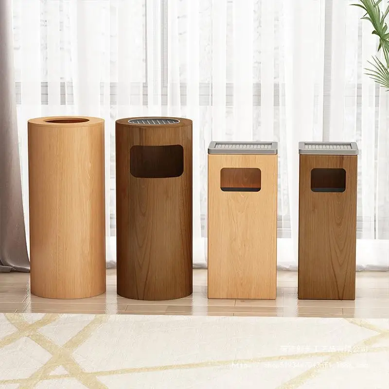 

Floor Standing Trash Can for Hotel Lobby Solid Wood Garbage Bin with Ashtray for Office Building Elevator Vintage Waste Baskets